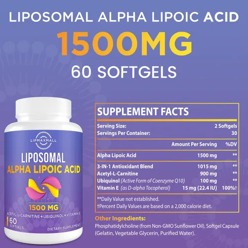 Miniatura 2 de lipmaxmall Ácido alfa liposomal lipoico 1500 mg - con acetil-L-carnitina 900 mg y ubiquinol 100 mg y vitamina E 15 mg, suplemento ALA