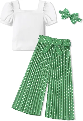 Miniatura 53 de DONWEN Conjunto de 3 piezas de ropa para niñas pequeñas y niñas con cuello cuadrado + pantalones elegantes + diadema para primavera y verano