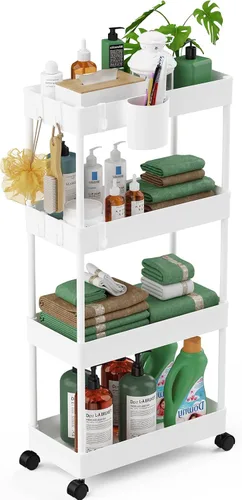 Miniatura 13 de LEHOM Carrito de almacenamiento delgado de 5.1 pulgadas, organizador de baño de 4 niveles, estantería móvil, carrito utilitario rodante, organizador