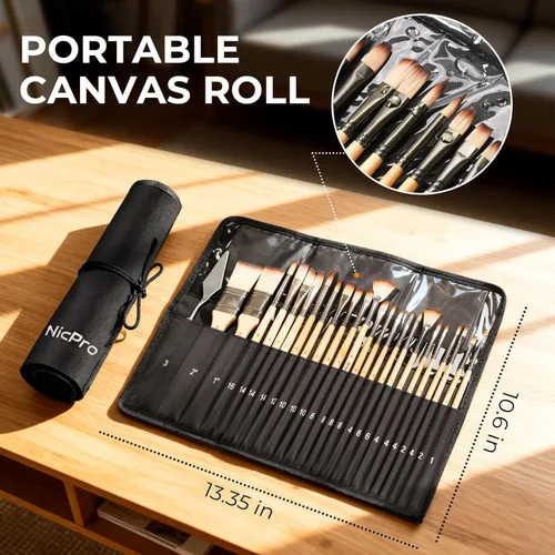 Miniatura 8 de Nicpro Juego de 26 pinceles de pintura, pinceles profesionales con cuchillo de paleta y rollo de tela, pinceles de pintura artística para pintura