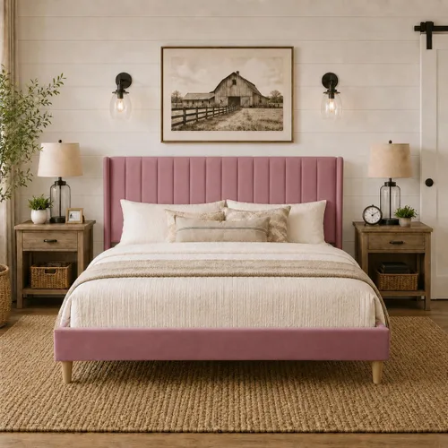 Miniatura 29 de Upholstered Bed Frame with Wingback Headboard and Wood Slats (Beige-Linen, Twin)