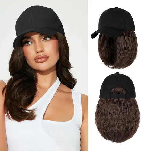 Miniatura 7 de Peluca de gorra de béisbol para mujer, gorra de béisbol con extensiones de cabello, gorra ajustable adjunta de 15 pulgadas, peluca sintética corta
