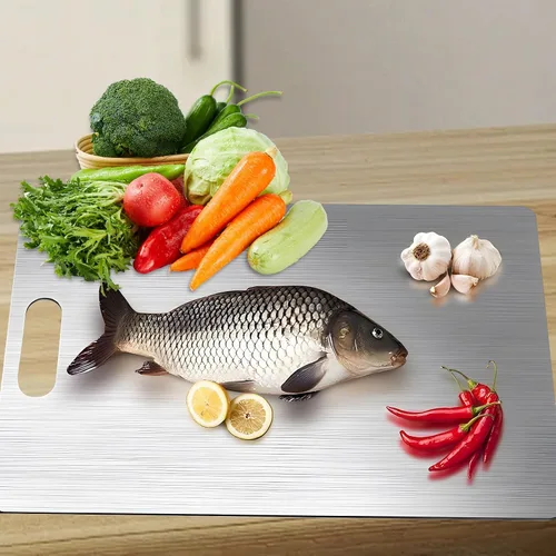 Miniatura 3 de Tabla de cortar de titanio para cocina, juego de tablas de cortar de acero inoxidable 304 para frutas, carne y verduras (12 x 8 pulgadas)