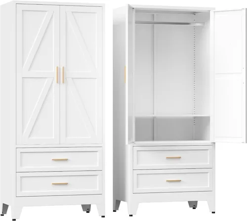 COFaR Armario Armario con cajones y barra para colgar, armario de metal de 71 pulgadas con puertas y estante ajustable, armario de granja para Blanco