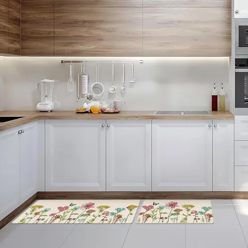 Miniatura 6 de Tapetes de cocina para piso, 2 piezas, color crema, flores coloridas, mariposas, tapetes de cocina para frente del fregadero, alfombras de cocina