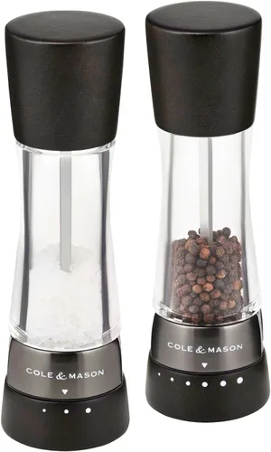 Cole & Mason H332293 Derwent Black Wood Salt and Pepper Mills, Gourmet Precision+, Ajuste de Molienda, Haya Teñida/Acrílico, 190 mm, Juego de Negro