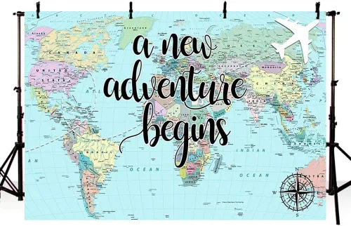 Una nueva aventura comienza viajando niño, decoración de fiesta de baby shower, telón de fondo, mapa del mundo alrededor del mundo, aventura espera