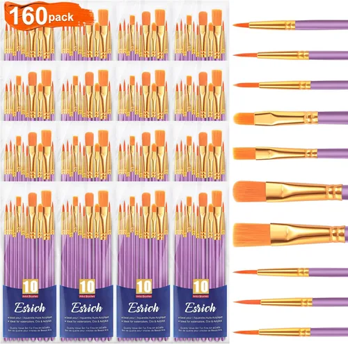 Miniatura 10 de ESRICH Juego de pinceles de pintura acrílica, 16 paquetes/160 unidades, cabezal de cepillo de nailon, adecuado para acrílico, óleo, acuarela, cuerpo
