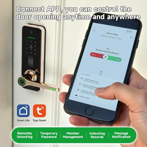 Miniatura 6 de Cerradura de puerta inteligente de huellas dactilares con asa, cerradura de entrada sin llave chapada en oro de alta calidad, teclado digital