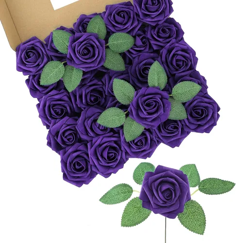 Miniatura 11 de DuHouse 25 rosas artificiales con tallos, flores de espuma de tacto real para bricolaje, ramo de boda, centro de mesa, arreglo floral, fiesta, Verde