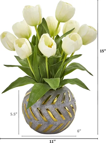 Miniatura 2 de Nearly Natural Arreglo artificial de tulipanes en jarrón decorativo Blanco