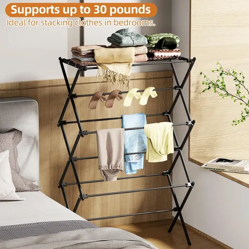 Miniatura 6 de Tendedero plegable de 3 niveles, estante de secado de ropa resistente para interiores y exteriores, 11.8 pulgadas de profundidad x 34.6 pulgadas