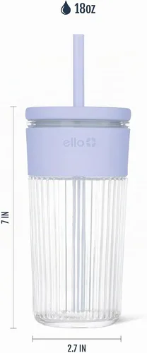 Miniatura 4 de Ello Ava - Vaso de vidrio de 18 onzas con popote y tapa, vidrio acanalado de alta calidad con agarre de silicona, apto para tazas de automóvil, apto