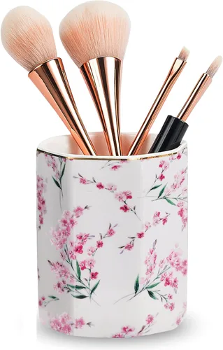 Miniatura 5 de Soporte para bolígrafo para escritorio, con patrón floral, taza de lápices para niñas, niños, organizador de escritorio de cerámica duradero, Rosa