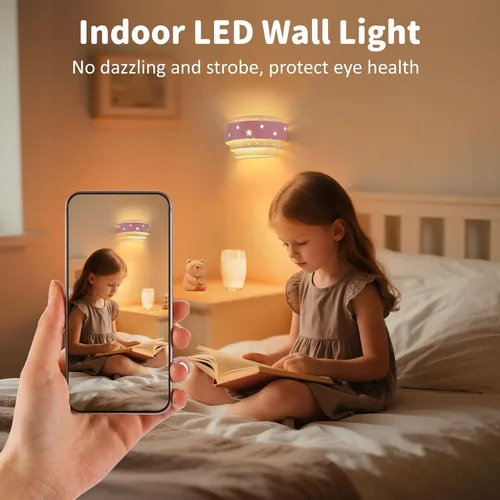 Miniatura 4 de Lightess Aplique de pared rosa que funciona con pilas para habitación de niñas, lámpara de pared LED regulable con forma de estrella, lámpara