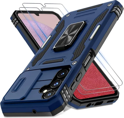 DEERLAMN Funda para Samsung Galaxy A14 5G con Cubierta Deslizante para Cámara + Protector de Pantalla (2 Paquetes), Soporte de Anillo Giratorio de