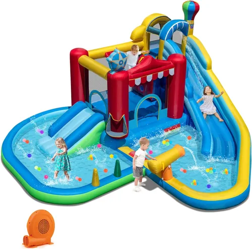 Miniatura 11 de HONEY JOY Tobogán acuático inflable, casa de rebote de tobogán acuático 9 en 1 con piscina de salpicaduras, tobogán largo, pozo de bolas con 50