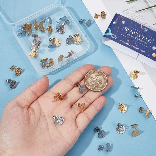 Miniatura 3 de SUNNYCLUE 1 caja, 80 unidades, 20 pares de aretes redondos planos de acero inoxidable con bucle, aretes plateados y dorados, hallazgos en blanco