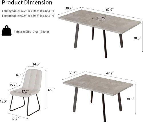 Miniatura 2 de Zerifevni 47.2"- 62.9" Extendable Dining Table Set of 5 Kitchen Table with 4 Dining Chairs, Modern Gray Wood Grain, Waterproof Scratchproof for