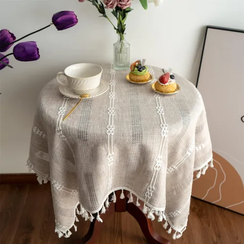Miniatura 2 de Gernaice Mantel bordado de rayas rústicas con borlas cuadradas y pequeñas de algodón y lino, sin arrugas, lavable, para mesita de noche, café, Marrón