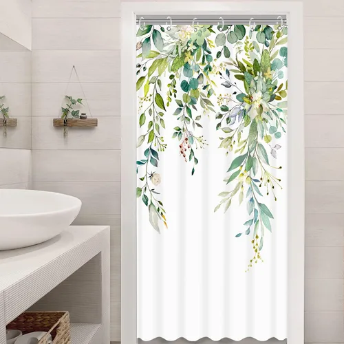 Miniatura 4 de Juego de cortinas de ducha de eucalipto verde en acuarela, flores y hojas, cortinas de ducha para baño, flores botánicas, tela impermeable
