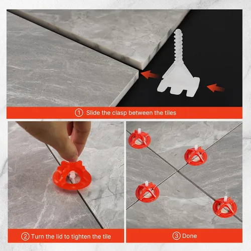 Miniatura 5 de Sistema de nivelación de azulejos DGSL 1/8", 300 piezas de espaciadores de azulejos y 100 piezas de tapa roja, sistema de nivelación de espaciadores
