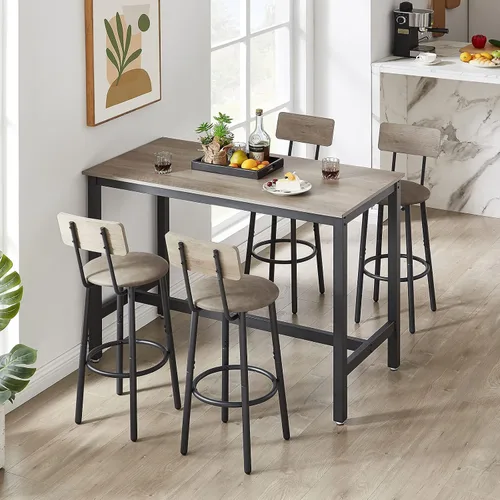 Miniatura 2 de Moderno juego de mesa y silla de bar para 4 mesas y taburetes de altura de mostrador con respaldo, mesa de comedor rectangular, juego de 5