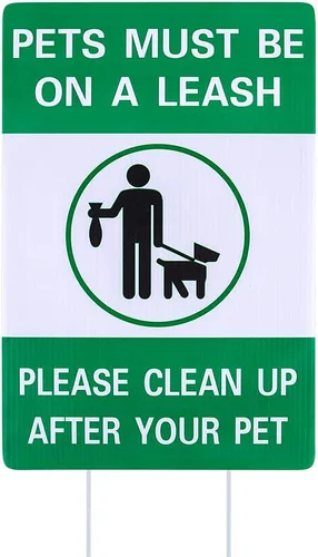 Letrero de "Clean Up After Your Dog" de 8 x 12 pulgadas con estacas de metal, letreros de doble cara para césped de patio, mascotas deben estar en