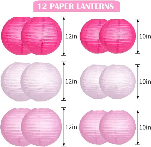 Miniatura 2 de Faroles de papel decorativos, faroles chinos redondos colgantes rosados con luces para compromiso, despedida de soltera, fiesta de cumpleaños, 12