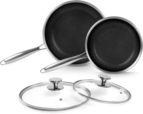Innerwell Juego de sartenes de acero inoxidable de tres capas con tapa, Juego de sartenes antiadherentes de nido de abeja de acero inoxidable de 9.5
