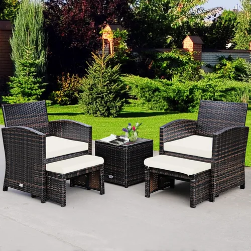Miniatura 4 de Tangkula Patiojoy - Juego de muebles de patio de mimbre de 5 piezas con funda impermeable, sillas acolchadas para exteriores y otomanas con mesa
