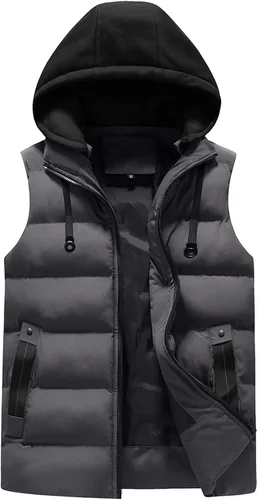 Miniatura 15 de WENKOMG1 Chaleco con capucha con doble cremallera para hombre, abrigo de color sólido, abrigo cálido y grueso, sin mangas, chaqueta suelta