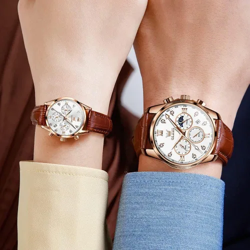 Miniatura 8 de OLEVS Juego de 2 relojes de cuarzo para parejas de San Valentín, para él y ella, cronógrafo de cuero, con diamantes para hombres, mujeres, amantes