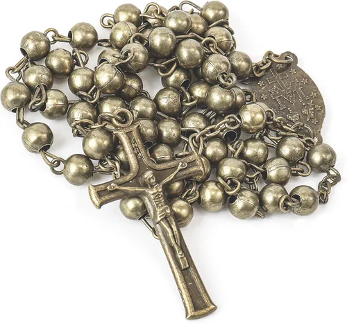 Nazareth Store Collar con cuentas de rosario de bronce de la Segunda Guerra Mundial con diseño de combate, medalla milagrosa con crucifijo, Zinc, No