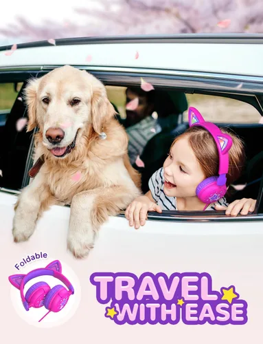 Miniatura 6 de iClever - Auriculares infantiles con diseño de oreja de gato, luz LED, volumen seguro de 85 dBA, auriculares estéreo para niños para viajes