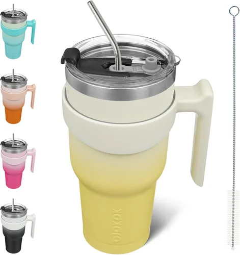Miniatura 74 de BJPKPK Vaso con asa de acero inoxidable de 20 onzas, con aislamiento de doble pared, con tapa y pajita, color rosa claro A-rosa claro