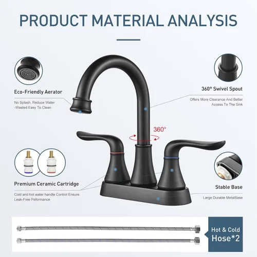 Miniatura 5 de GENBONS Grifos de baño para fregadero de 3 agujeros, 4 pulgadas, color negro mate con drenaje emergente y 2 mangueras de suministro, 2 manijas