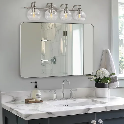 Miniatura 65 de ANDY STAR Espejo cromado para baño, espejo de pared con marco de metal de 22 x 30 pulgadas, espejo rectangular de acero inoxidable con esquina