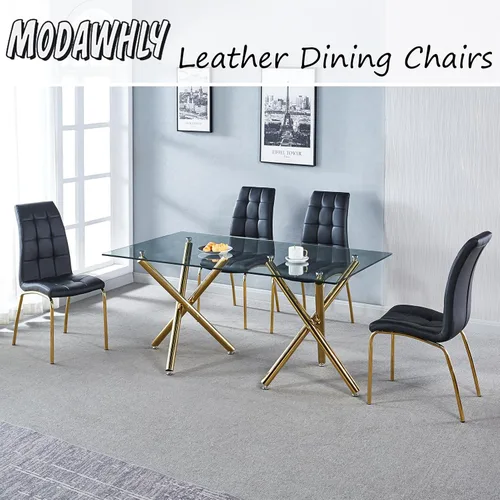 Miniatura 4 de Juego de 4 sillas de comedor de piel sintética, modernas sillas de comedor negras con patas de metal dorado y respaldo ergonómico, tapizadas
