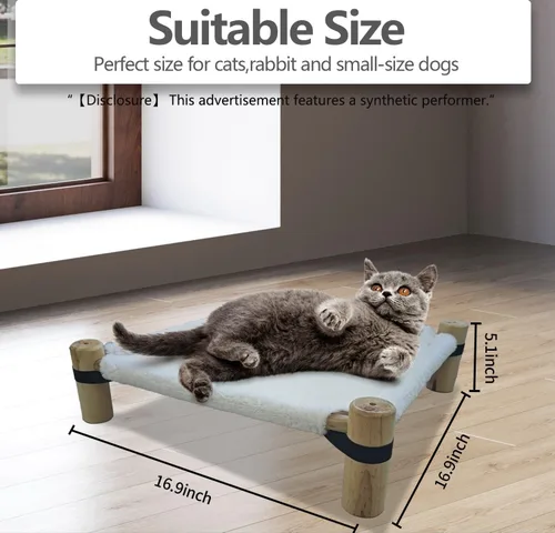 Miniatura 2 de Pozico Cama hamaca para gatos – Cama elevada de madera para gatos/perros con tela de invierno de felpa – Mueble elevado para mascotas para perros