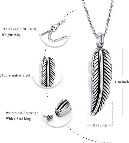 Miniatura 2 de Oinsi Collar de urna de plumas de acero inoxidable para cenizas de cremación, recuerdo de joyas, caja y kits de relleno