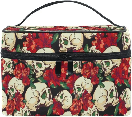 Miniatura 23 de Bolsa de Maquillaje, Estuche de Maquillaje Organizador de Viaje con Diseño de Calavera y Flores, Estuche de Cosméticos, Bolsas de Aseo para Niñas