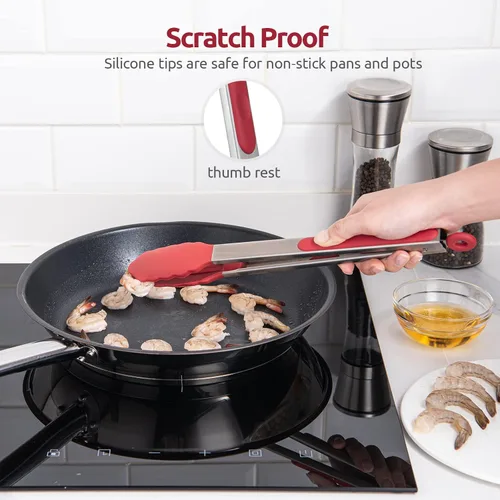 Miniatura 9 de Pinzas de cocina resistentes al calor de 600ºF: U-Taste de 12 pulgadas, pinza grande de silicona para cocina con puntas de goma antiadherente Rojo