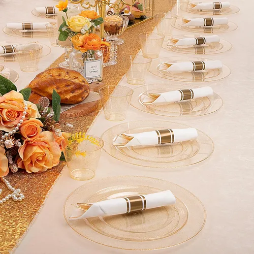 Miniatura 6 de DaYammi 112 platos de plástico con purpurina dorada, vajilla desechable dorada, platos de plástico dorados que incluyen 16 platos de postre, 16