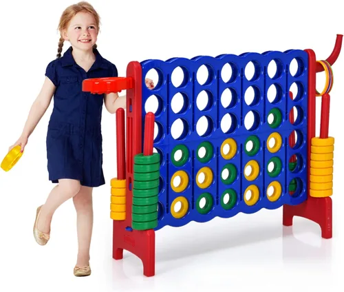 Miniatura 10 de HONEY JOY Juego gigante gigante de 4 a puntuación, 3 en 1 para interiores y exteriores, juego de patio familiar con aro de baloncesto y lanzamiento