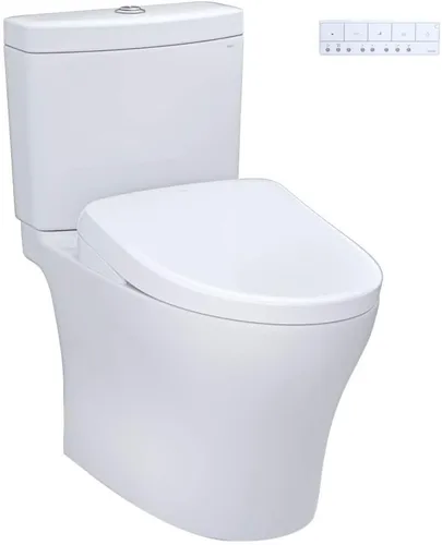TOTO® WASHLET®+ Aquia® IV - Inodoro alargado de dos piezas con GPF de doble descarga 1.28 y 0.9 con asiento de bidé contemporáneo Auto Flush S7A,