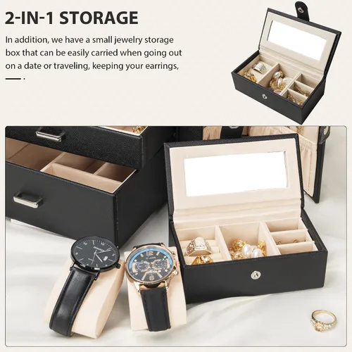 Miniatura 4 de AKOZLIN Joyero de 4 niveles con cerradura de cuero con 3 cajones para mujeres y niñas, anillo collar, aretes, pulsera, relojes, soporte con espejo