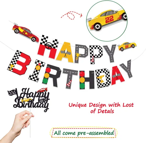 Miniatura 2 de Hot Wheels - Suministros para fiesta de cumpleaños de coche de carreras, bandera, decoración de pastel, bandera a cuadros, temática de carreras