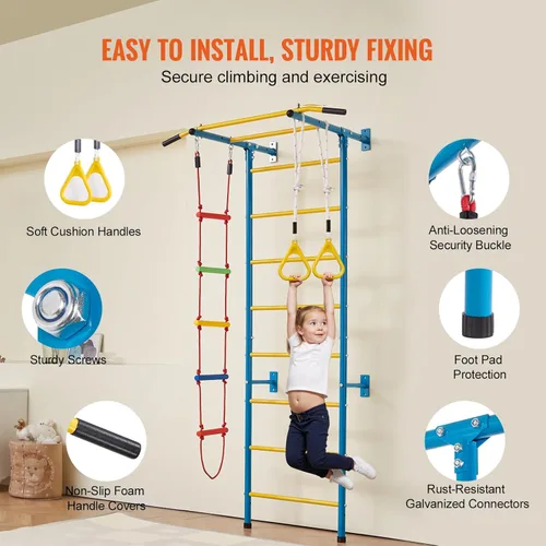 Miniatura 6 de VEVOR Gimnasio interior de la selva para niños pequeños, juego de escalada 5 en 1 con escalera sueca de acero al carbono, escalera de pared, barra