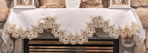 Miniatura 2 de Linens, Art and Things Bufanda de chimenea con estampado de pavo real europeo dorado beige sobre jacquard marfil (19Wx90L)